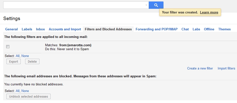 Gmail filter confirmation